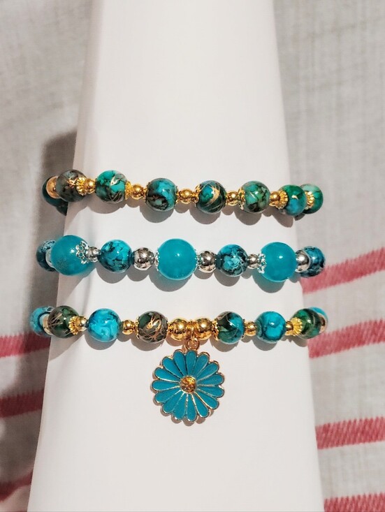 Hand Crafted Jewelry - Handmade Glass Bracelet One Of A Kind. Cyan Mix And Blue. Lot Of 3 Size 7''